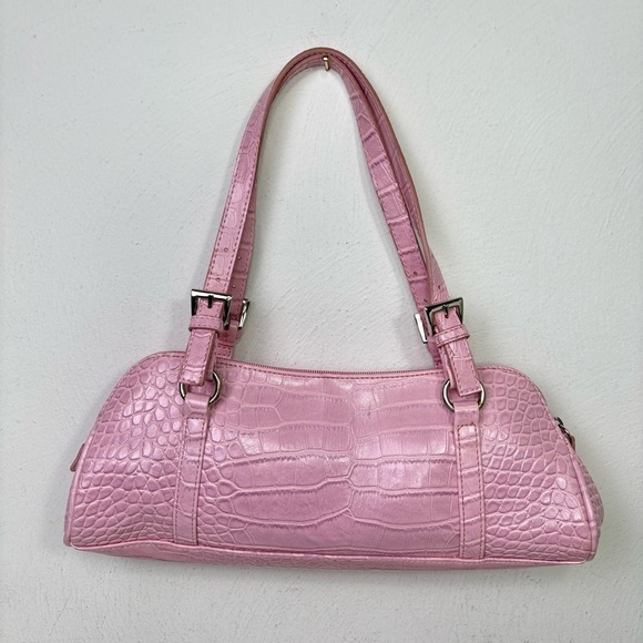 BISOU BISOU Pink Faux Croc Leather East West Baguette Y2K Shoulder Purse Bag - Picture 9 of 15